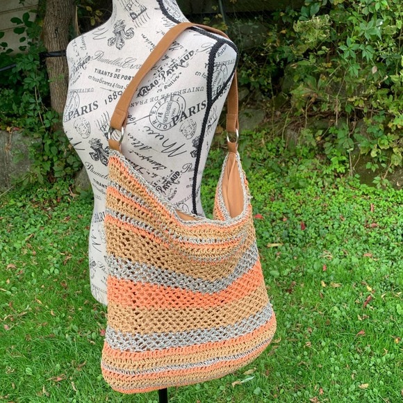 Straw Studios Handbags - Orange brown and gray lined hobo crochet knit/ straw shoulder bag